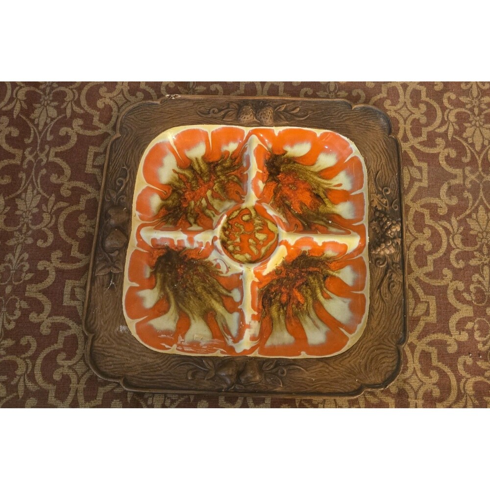 VINTAGE 60s TREASURE CRAFT SQUARE ORANGE CERAMIC DIVIDED SERVING TRAY BOHO MCM